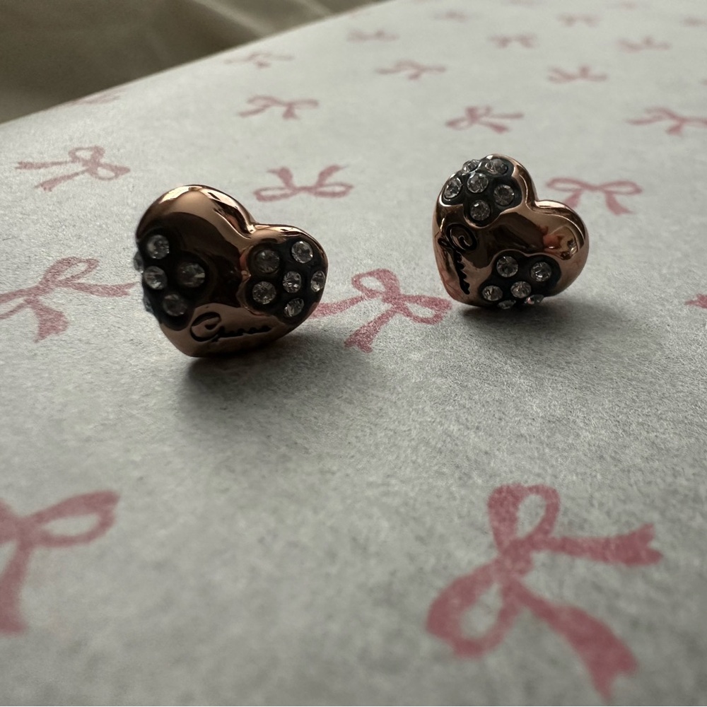 Guess Rose Gold Heart Earrings with Black Accents